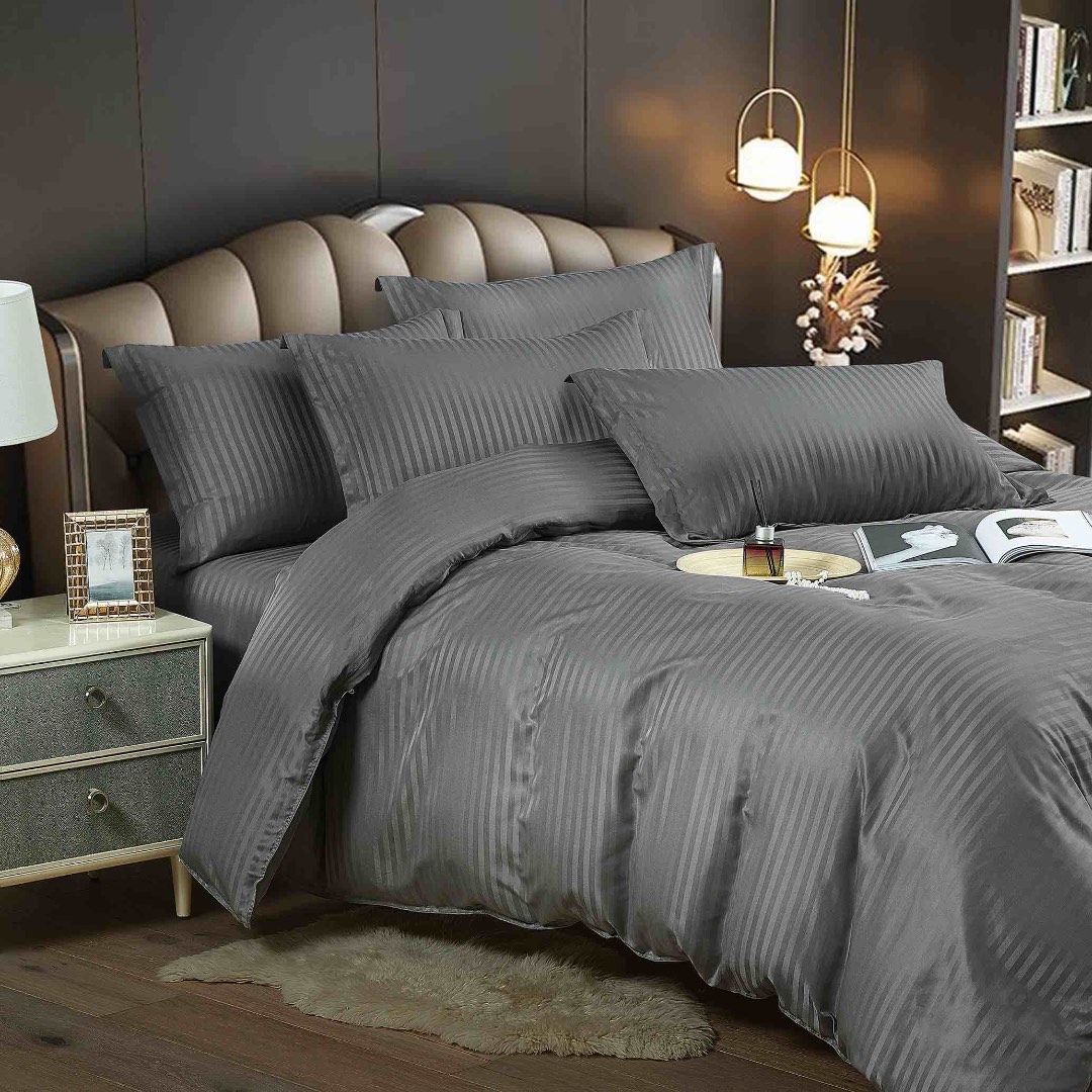 Lenjerie HoReCa, pat dublu, Damasc Finetat Deluxe cu Elastic, 6 piese, Jojo Home, Gri Antracit - imagine 2