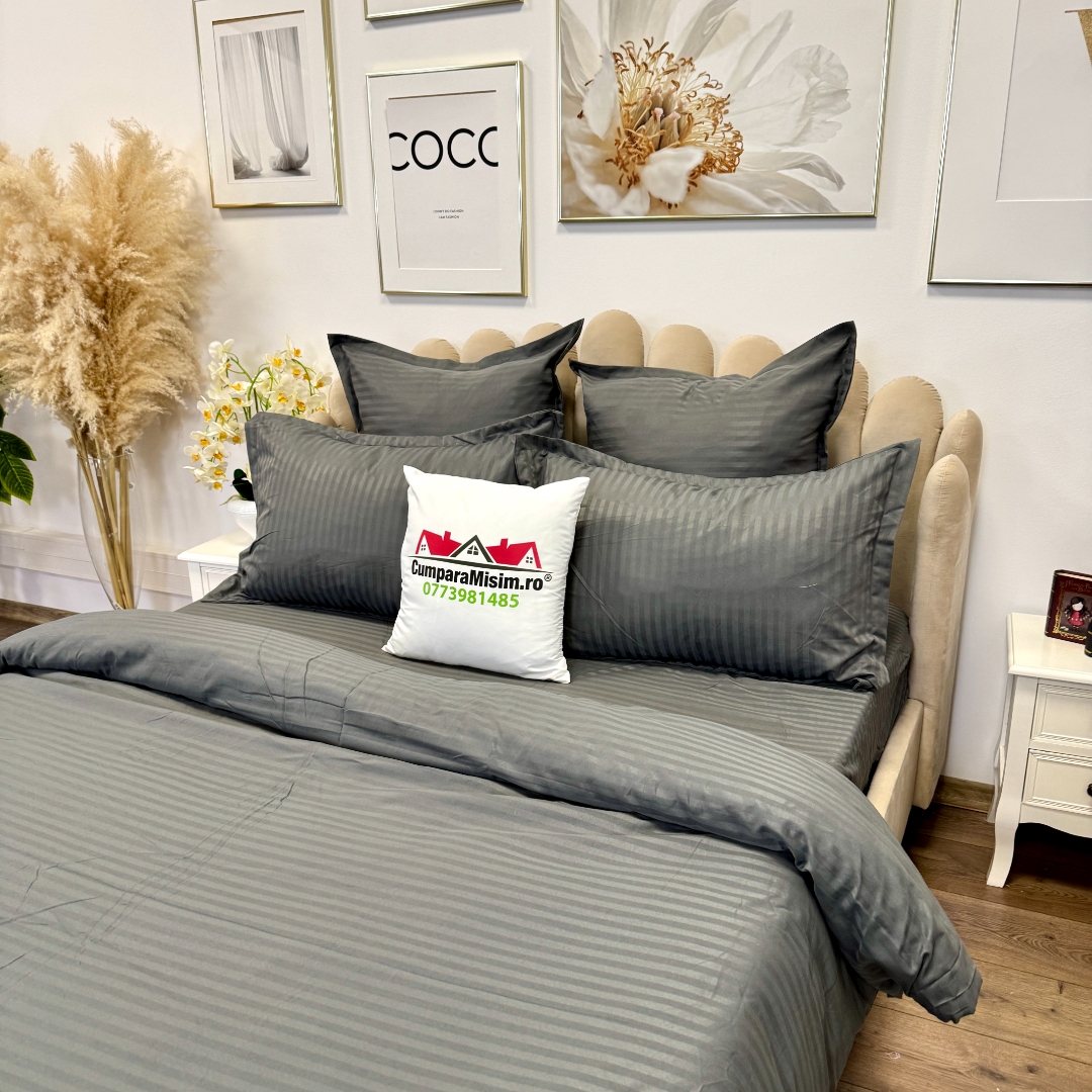 Lenjerie HoReCa, pat dublu, Damasc Finetat Deluxe cu Elastic, 6 piese, Jojo Home, Gri Antracit - imagine 7