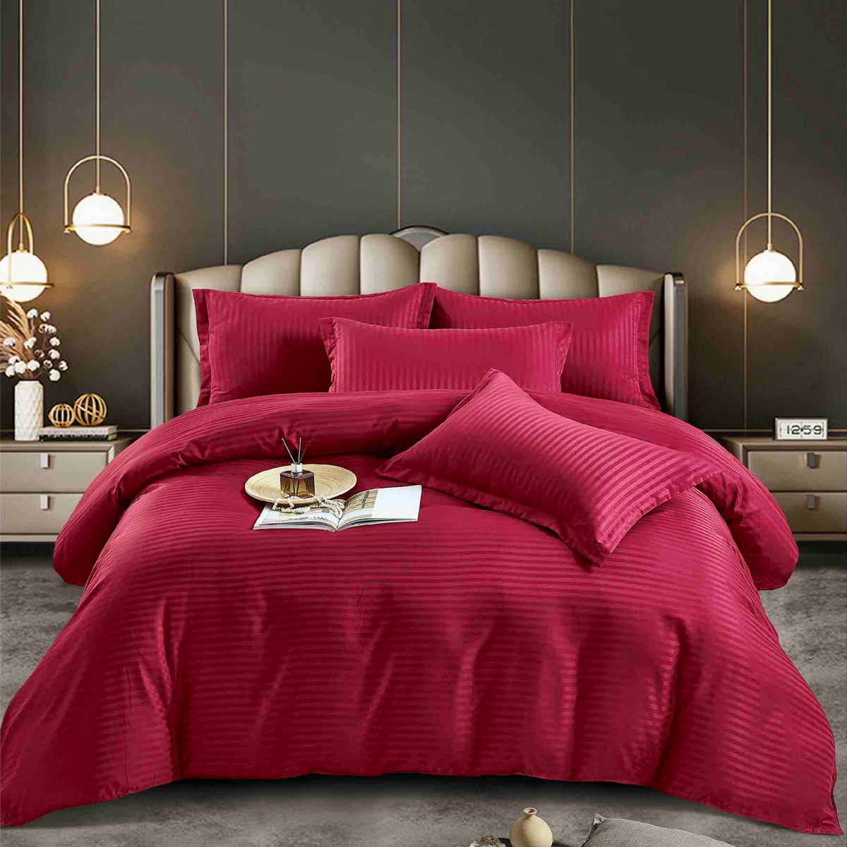 Lenjerie HoReCa, pat dublu, Damasc Finetat Deluxe cu Elastic, 6 piese, Jojo Home, Rosu - imagine 2