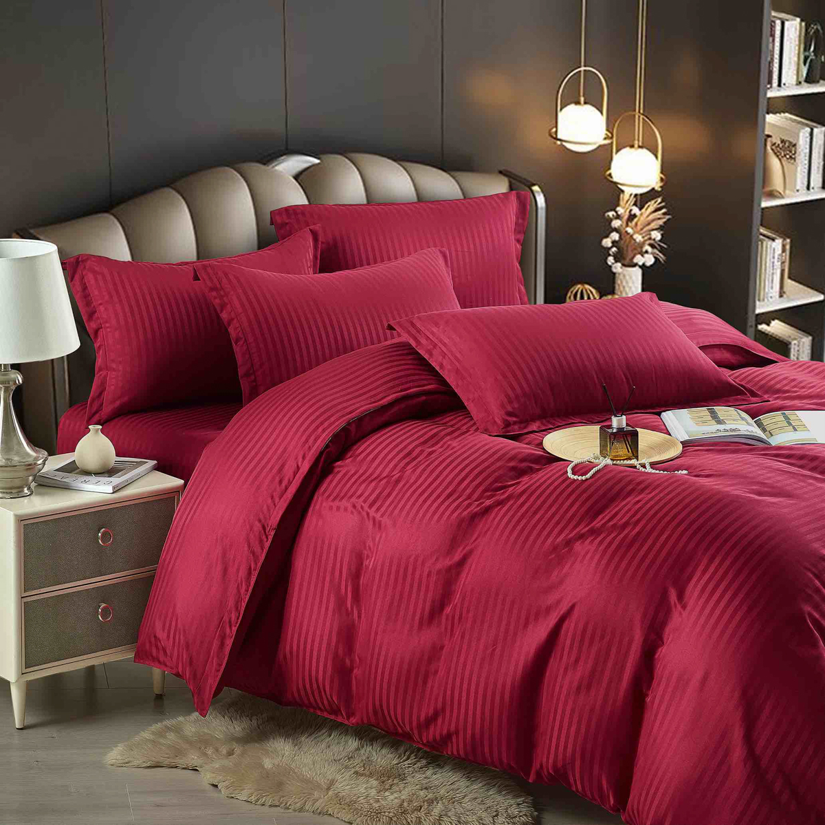Lenjerie HoReCa, pat dublu, Damasc Finetat Deluxe cu Elastic, 6 piese, Jojo Home, Rosu - imagine 3