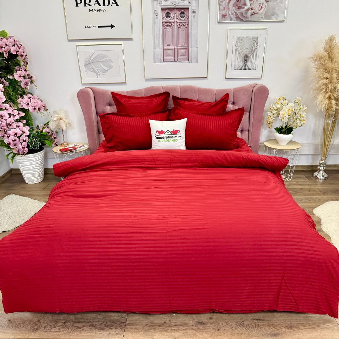 Lenjerie HoReCa, pat dublu, Damasc Finetat Deluxe cu Elastic, 6 piese, Jojo Home, Rosu - imagine 4