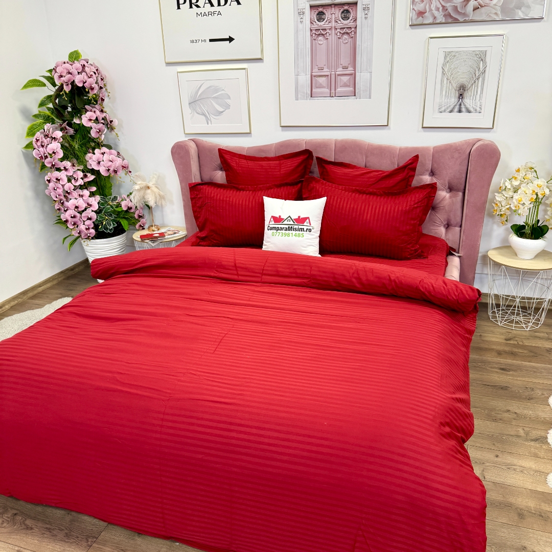 Lenjerie HoReCa, pat dublu, Damasc Finetat Deluxe cu Elastic, 6 piese, Jojo Home, Rosu - imagine 6