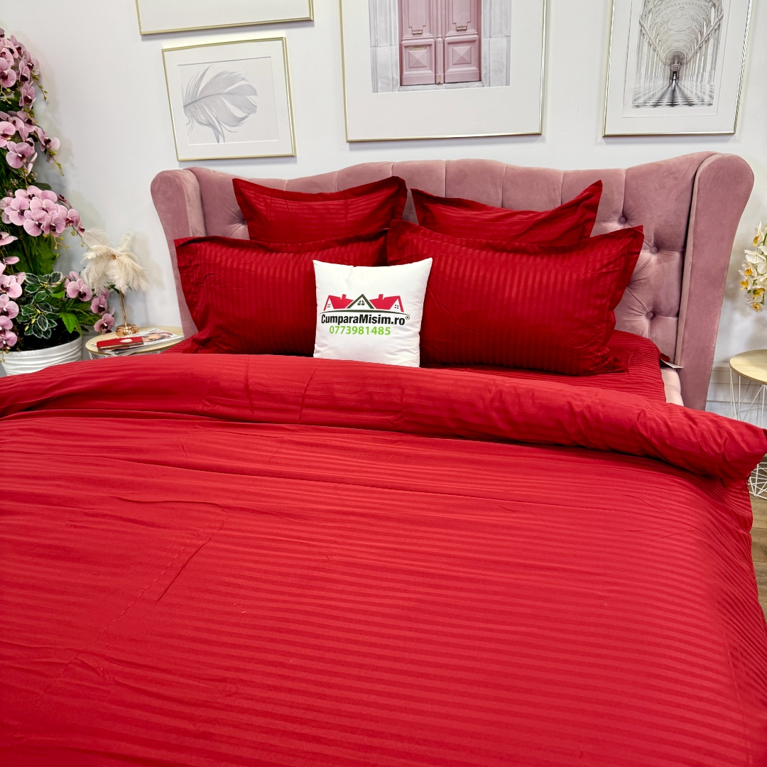 Lenjerie HoReCa, pat dublu, Damasc Finetat Deluxe cu Elastic, 6 piese, Jojo Home, Rosu - imagine 7