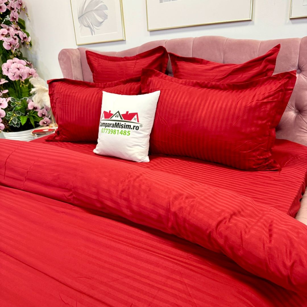 Lenjerie HoReCa, pat dublu, Damasc Finetat Deluxe cu Elastic, 6 piese, Jojo Home, Rosu - imagine 9