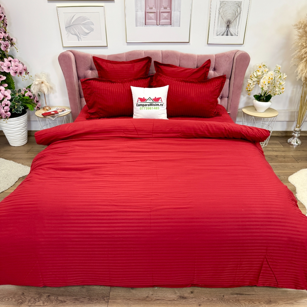 Lenjerie HoReCa, pat dublu, Damasc Finetat Deluxe cu Elastic, 6 piese, Jojo Home, Rosu - imagine 10
