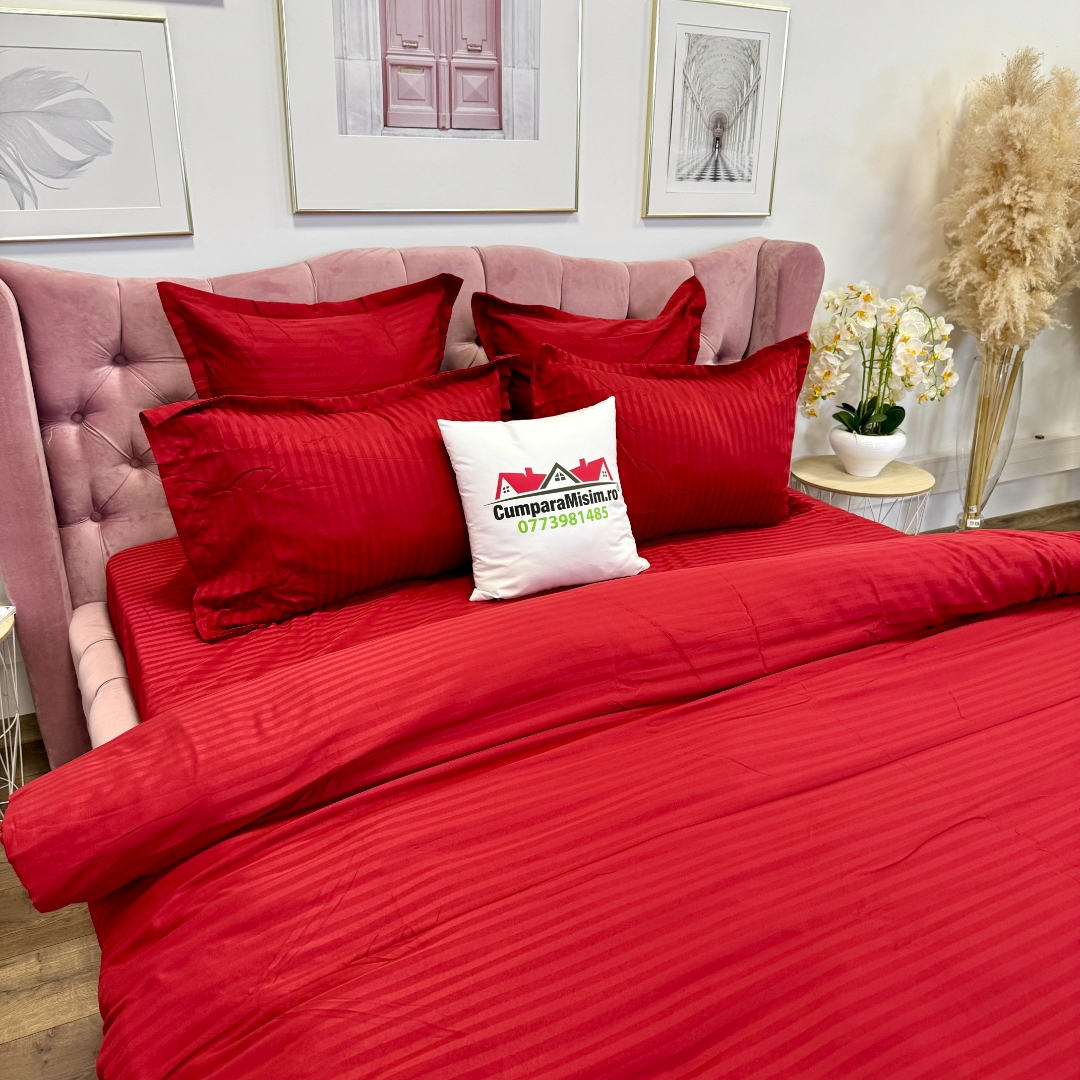 Lenjerie HoReCa, pat dublu, Damasc Finetat Deluxe cu Elastic, 6 piese, Jojo Home, Rosu - imagine 11