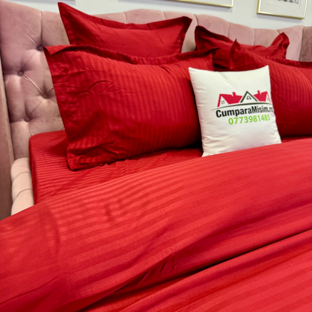 Lenjerie HoReCa, pat dublu, Damasc Finetat Deluxe cu Elastic, 6 piese, Jojo Home, Rosu - imagine 12