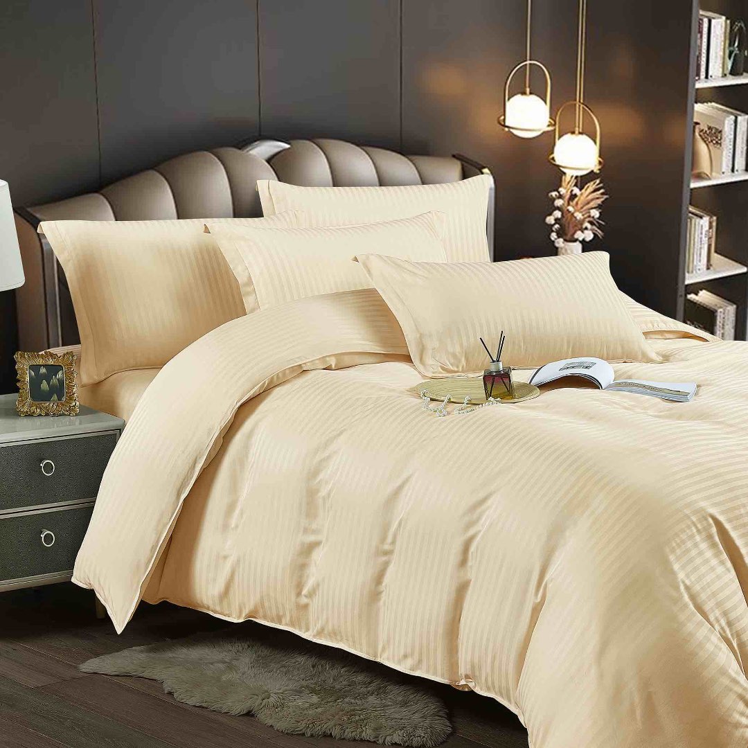 Lenjerie HoReCa, pat dublu, Damasc Finetat Deluxe, 6 piese, crem - imagine 3