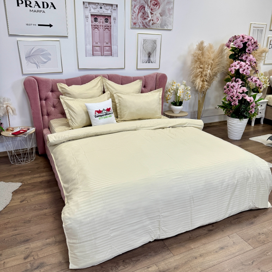 Lenjerie HoReCa, pat dublu, Damasc Finetat Deluxe, 6 piese, crem - imagine 5