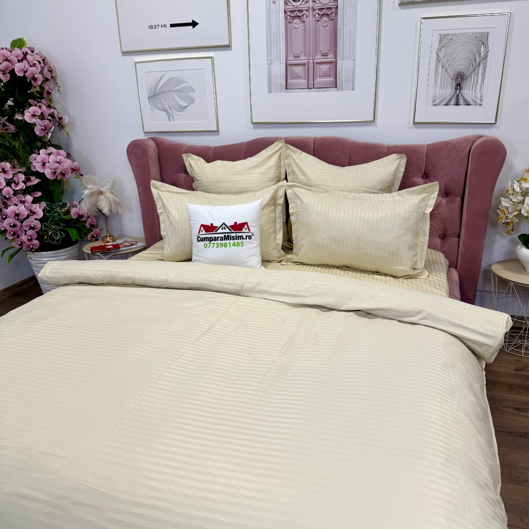 Lenjerie HoReCa, pat dublu, Damasc Finetat Deluxe, 6 piese, crem - imagine 7