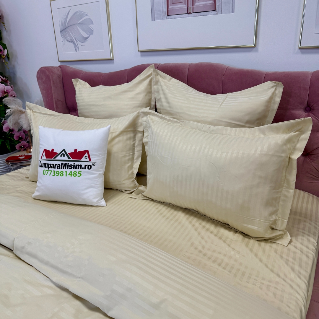 Lenjerie HoReCa, pat dublu, Damasc Finetat Deluxe, 6 piese, crem - imagine 9