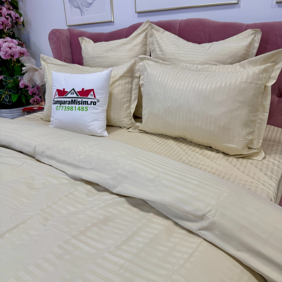 Lenjerie HoReCa, pat dublu, Damasc Finetat Deluxe, 6 piese, crem - imagine 12
