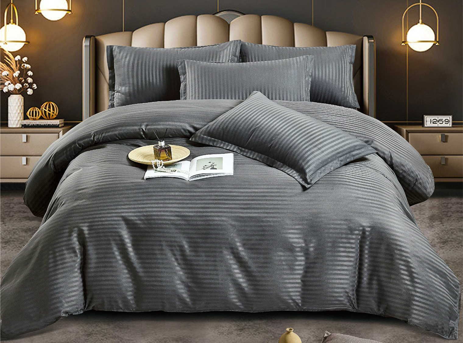 Lenjerie HoReCa, pat dublu, Damasc Finetat Deluxe cu Elastic, 6 piese, Jojo Home, Gri inchis - imagine 2