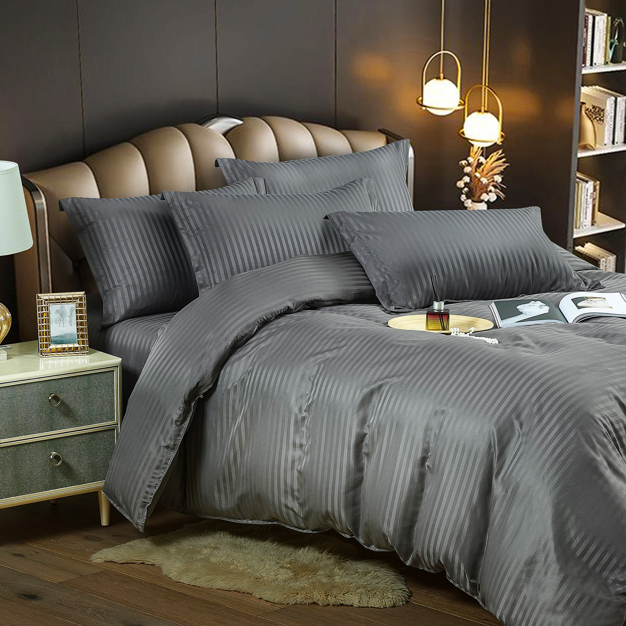 Lenjerie HoReCa, pat dublu, Damasc Finetat Deluxe cu Elastic, 6 piese, Jojo Home, Gri inchis - imagine 3