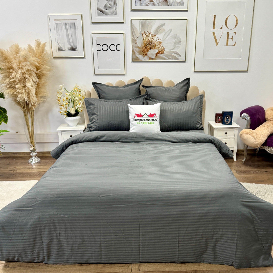 Lenjerie HoReCa, pat dublu, Damasc Finetat Deluxe cu Elastic, 6 piese, Jojo Home, Gri inchis - imagine 4