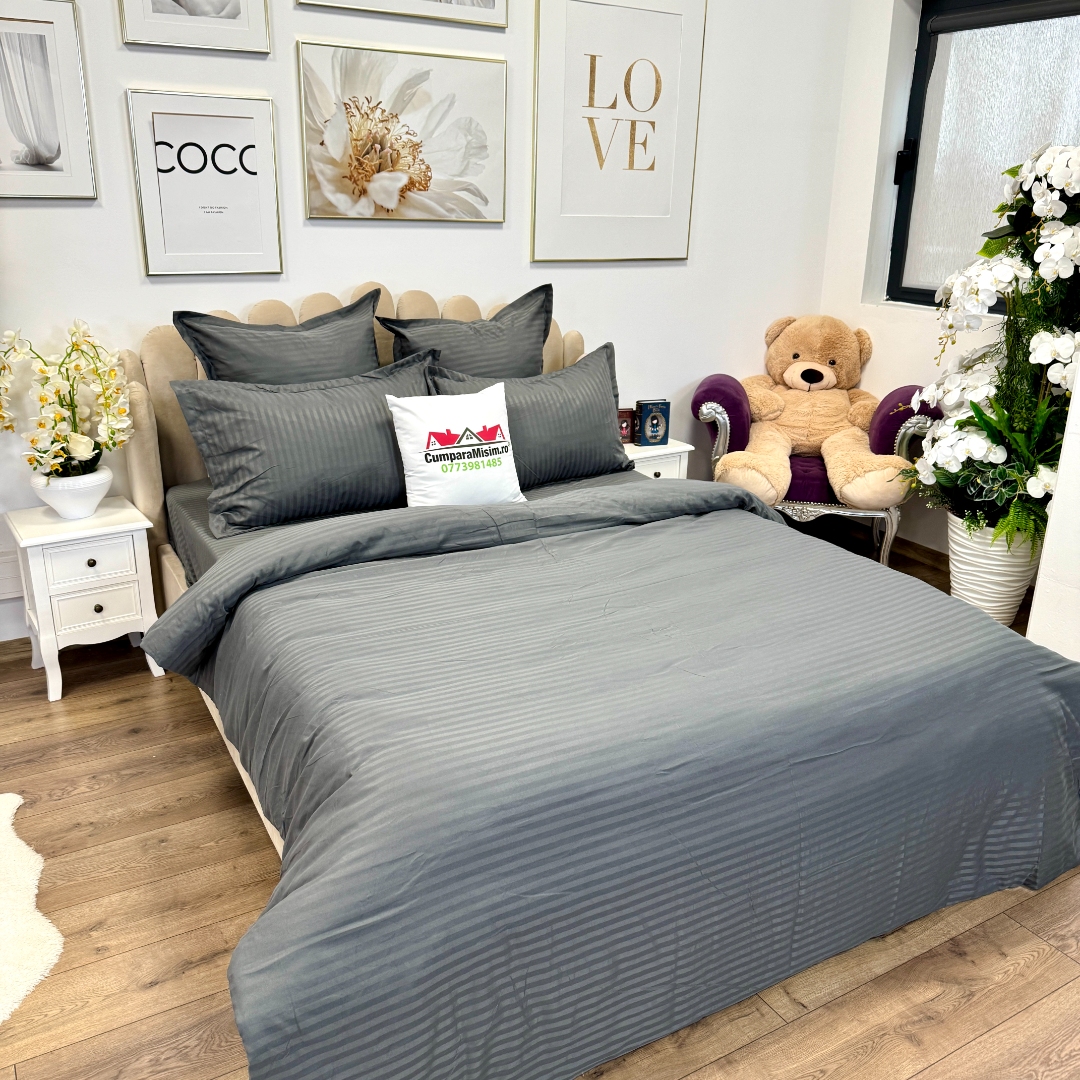 Lenjerie HoReCa, pat dublu, Damasc Finetat Deluxe cu Elastic, 6 piese, Jojo Home, Gri inchis - imagine 5
