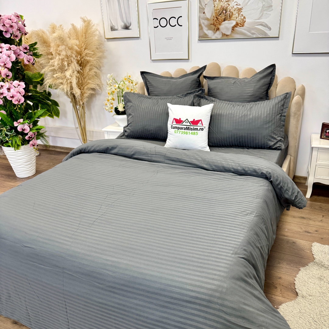 Lenjerie HoReCa, pat dublu, Damasc Finetat Deluxe cu Elastic, 6 piese, Jojo Home, Gri inchis - imagine 6