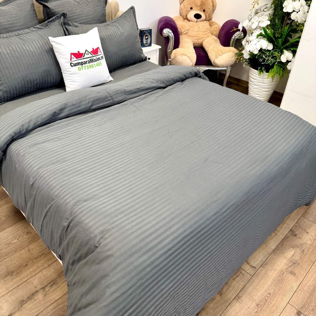 Lenjerie HoReCa, pat dublu, Damasc Finetat Deluxe cu Elastic, 6 piese, Jojo Home, Gri inchis - imagine 9