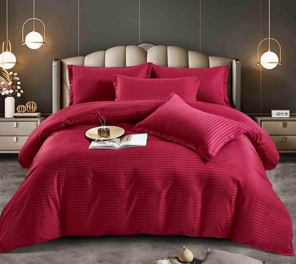 Lenjerie HoReCa, pat dublu, Damasc Finetat Deluxe, 6 piese, Rosu - imagine 3