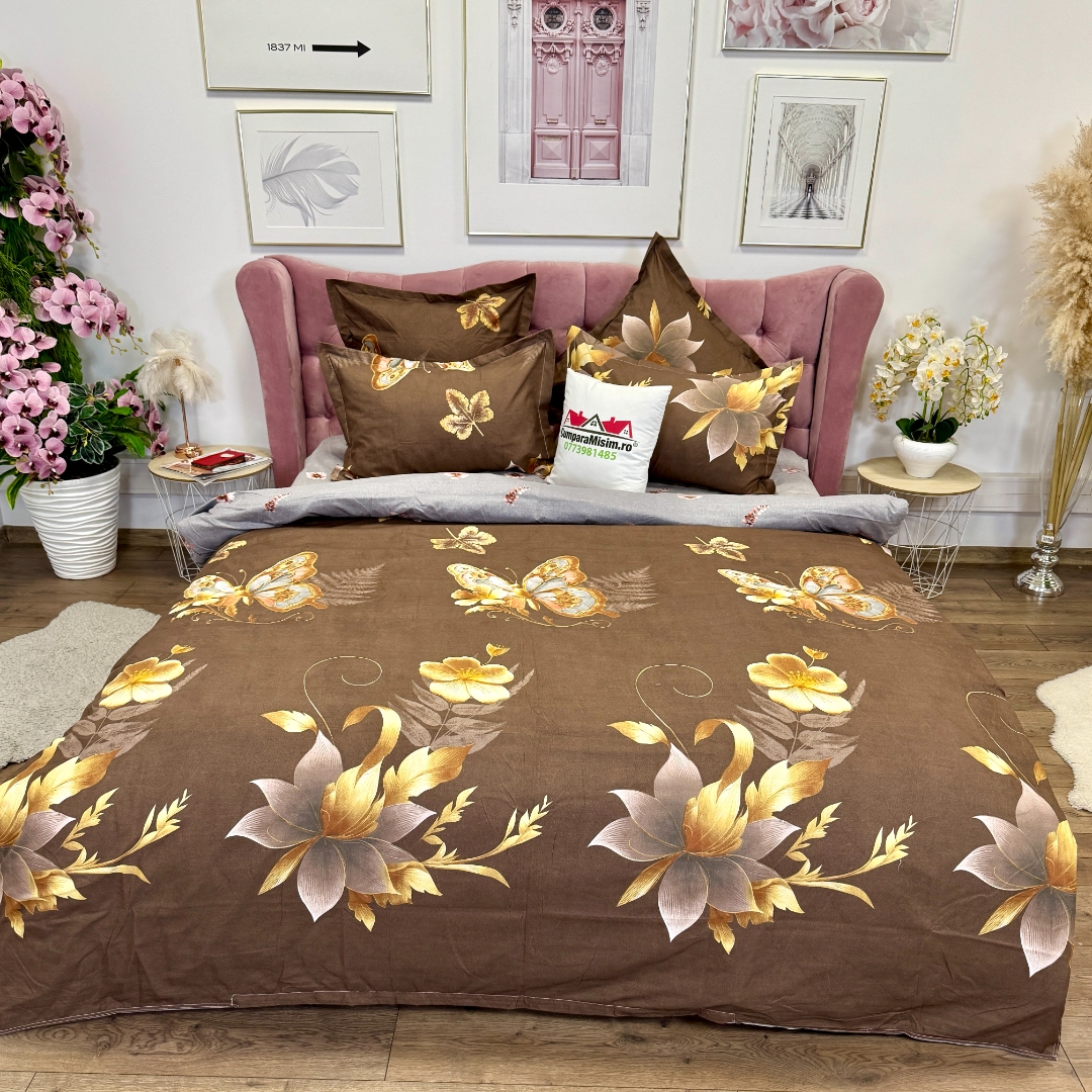 Lenjerie pat dublu cu ELASTIC, Finet, 6 piese, Maro, flori - imagine 2