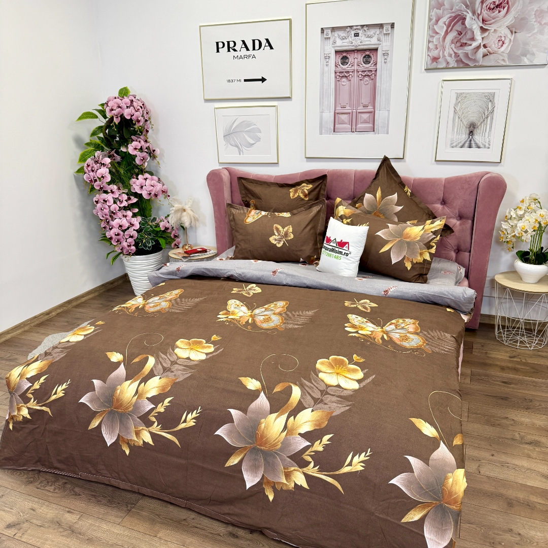 Lenjerie pat dublu cu ELASTIC, Finet, 6 piese, Maro, flori - imagine 3