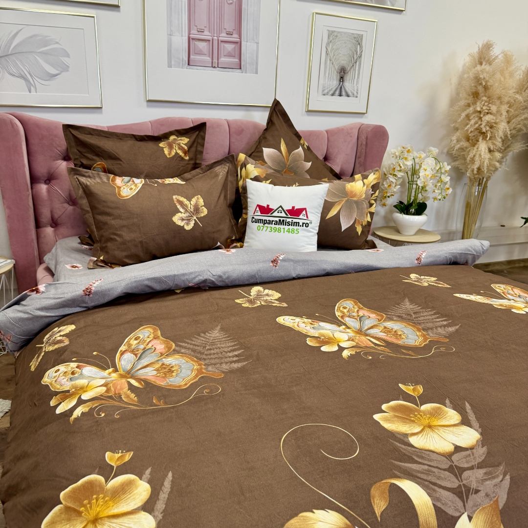 Lenjerie pat dublu cu ELASTIC, Finet, 6 piese, Maro, flori - imagine 5