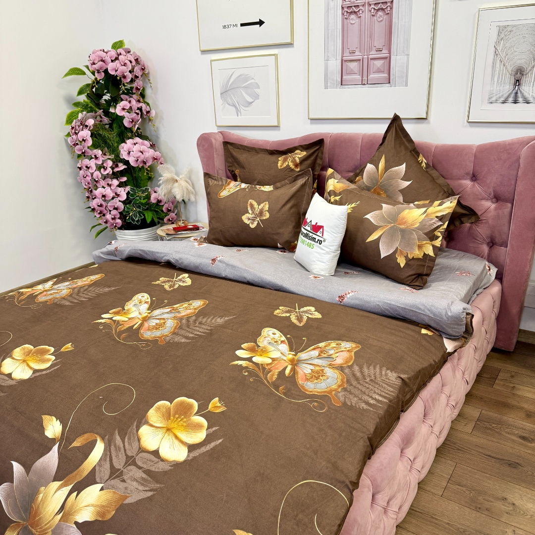 Lenjerie pat dublu cu ELASTIC, Finet, 6 piese, Maro, flori - imagine 6