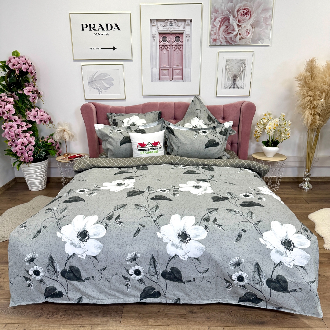 Lenjerie pat dublu cu ELASTIC, Finet, 6 piese, Gri, flori - imagine 2
