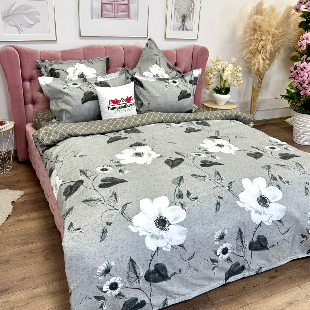 Lenjerie pat dublu cu ELASTIC, Finet, 6 piese, Gri, flori - imagine 3