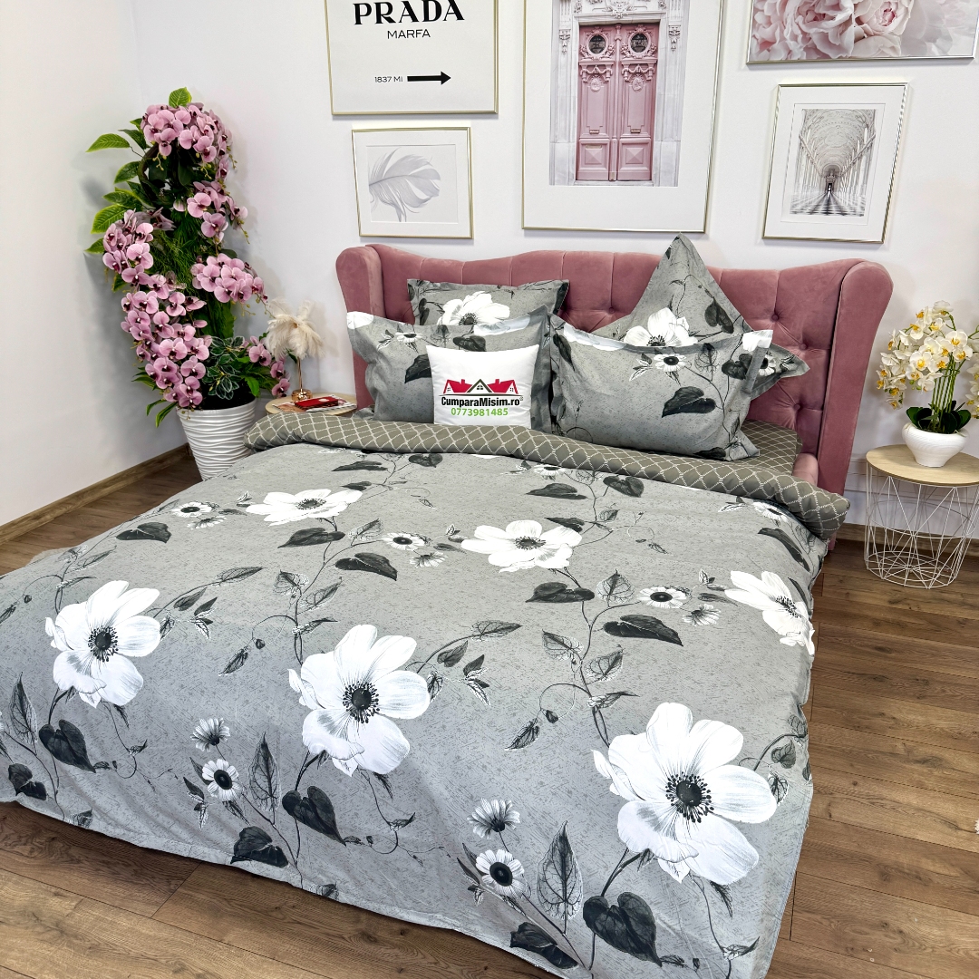 Lenjerie pat dublu cu ELASTIC, Finet, 6 piese, Gri, flori - imagine 4