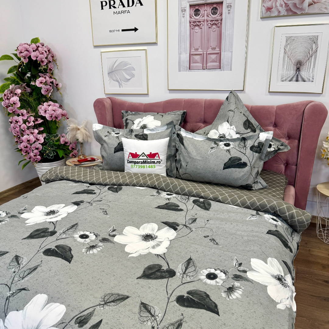 Lenjerie pat dublu cu ELASTIC, Finet, 6 piese, Gri, flori - imagine 5