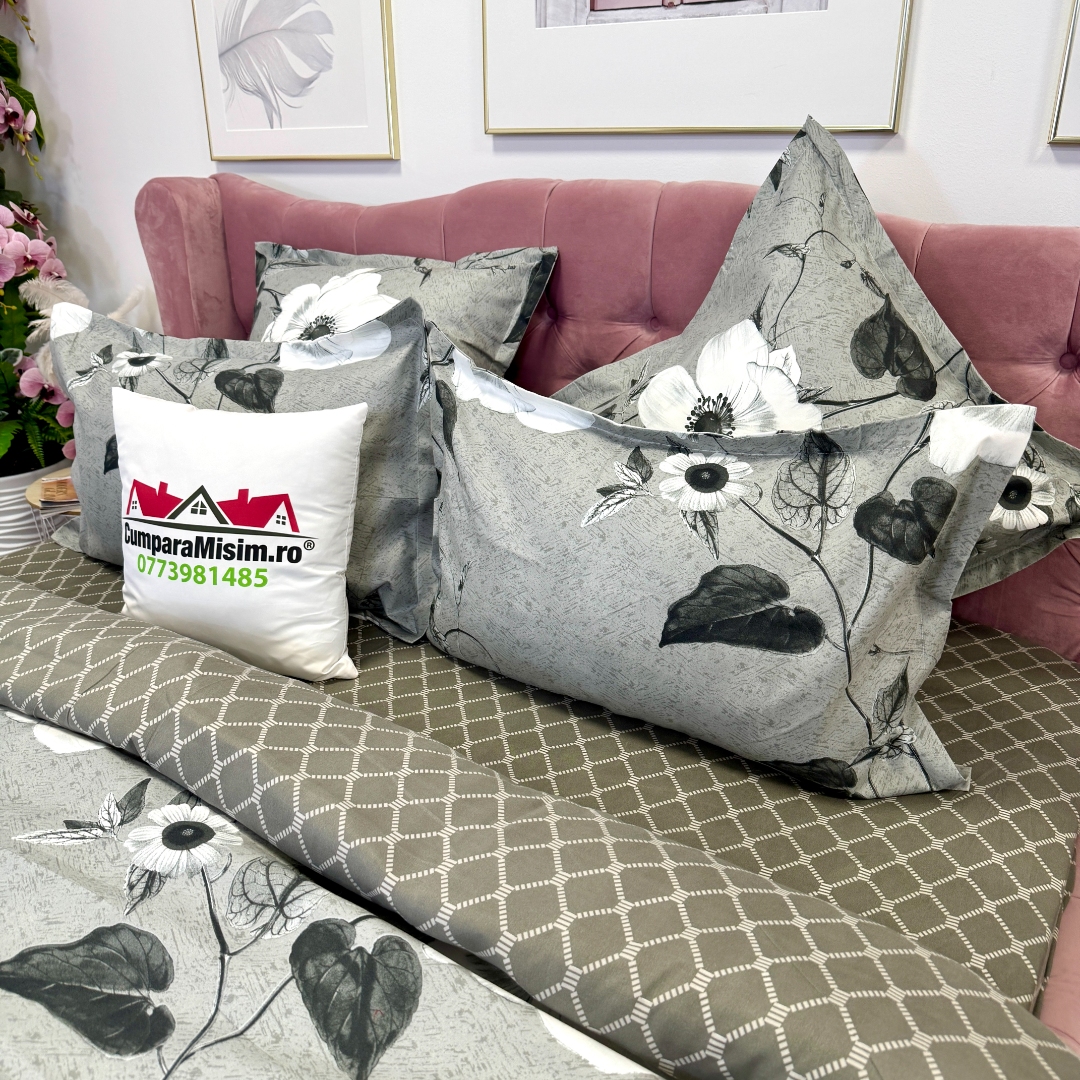 Lenjerie pat dublu cu ELASTIC, Finet, 6 piese, Gri, flori - imagine 6