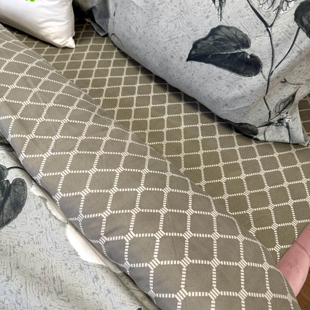 Lenjerie pat dublu cu ELASTIC, Finet, 6 piese, Gri, flori - imagine 7