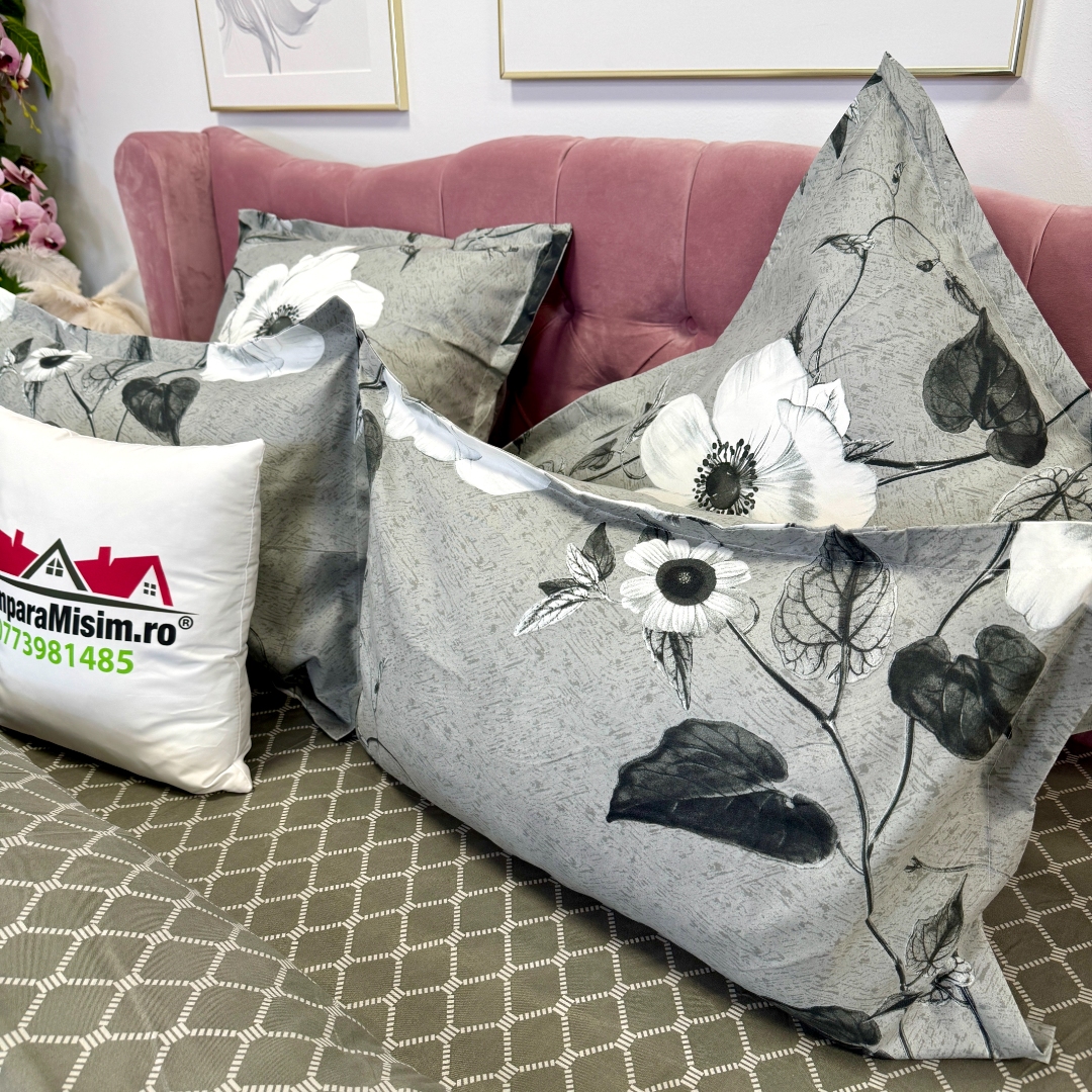 Lenjerie pat dublu cu ELASTIC, Finet, 6 piese, Gri, flori - imagine 8