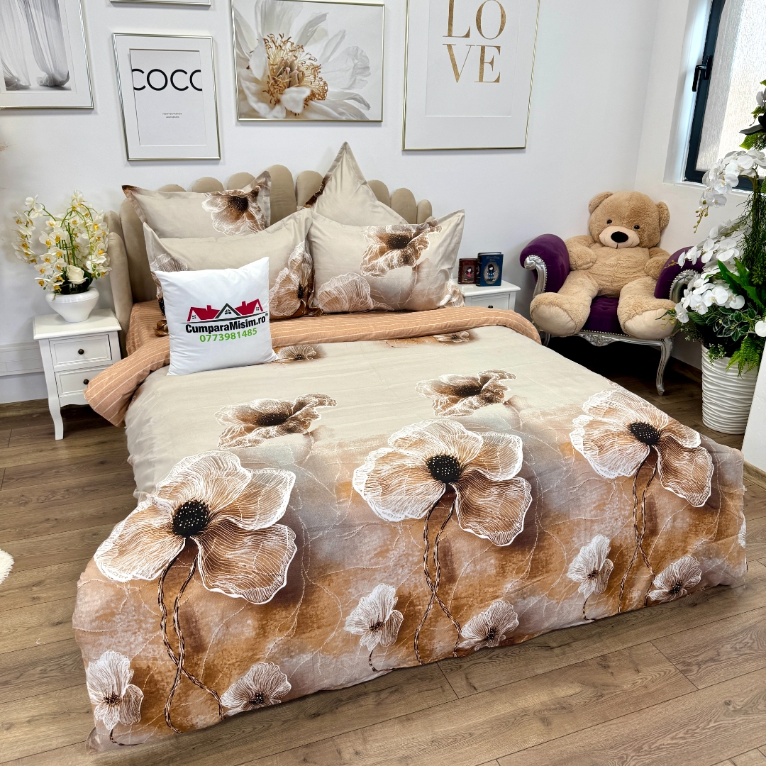 Lenjerie pat dublu cu ELASTIC, Finet, 6 piese, Bej, flori - imagine 3