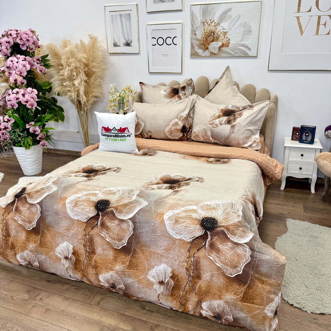 Lenjerie pat dublu cu ELASTIC, Finet, 6 piese, Bej, flori - imagine 4