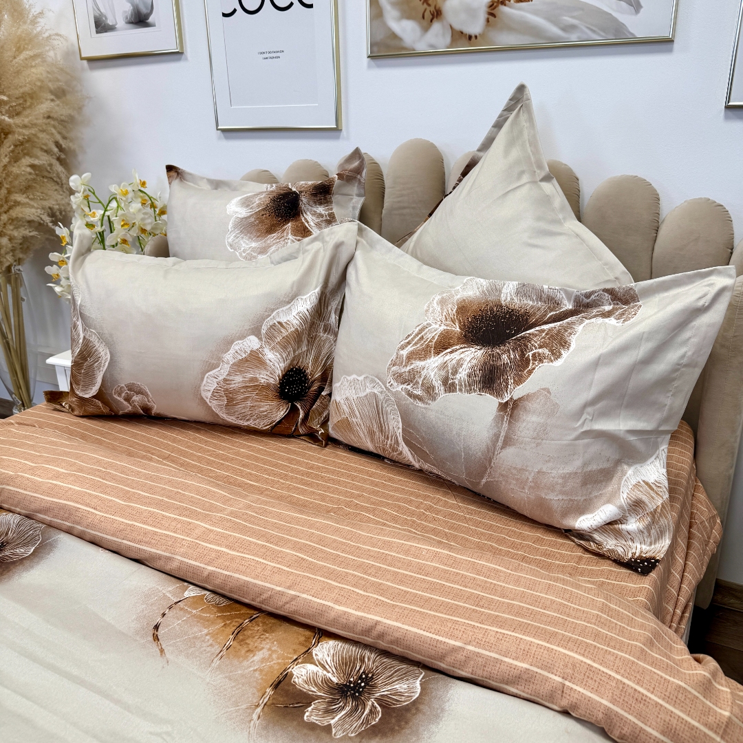 Lenjerie pat dublu cu ELASTIC, Finet, 6 piese, Bej, flori - imagine 6