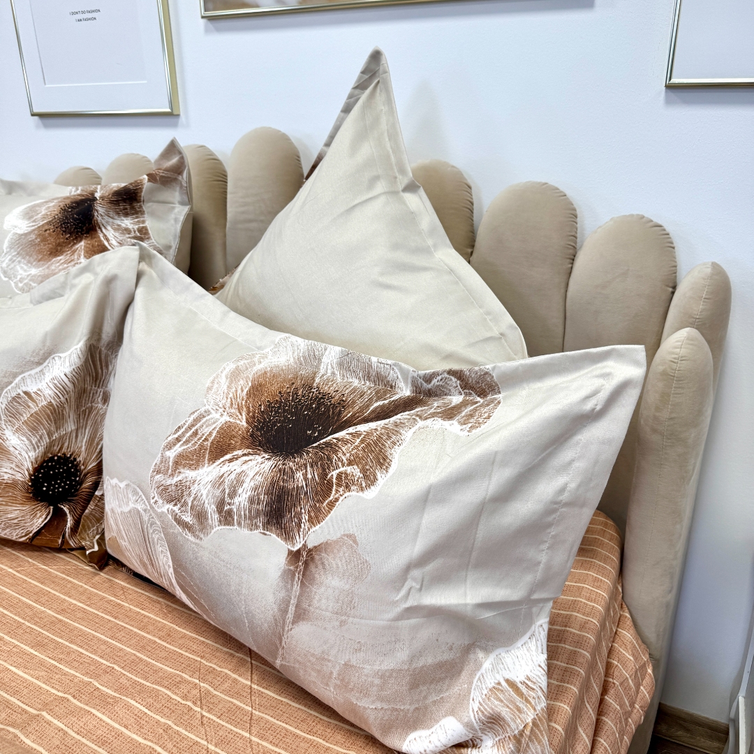 Lenjerie pat dublu cu ELASTIC, Finet, 6 piese, Bej, flori - imagine 7