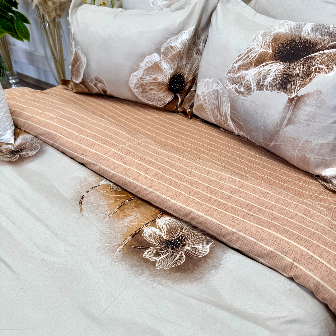 Lenjerie pat dublu cu ELASTIC, Finet, 6 piese, Bej, flori - imagine 8