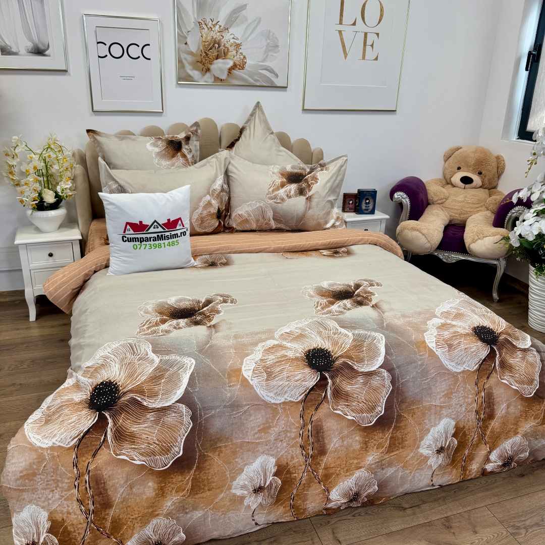 Lenjerie pat dublu cu ELASTIC, Finet, 6 piese, Bej, flori - imagine 9