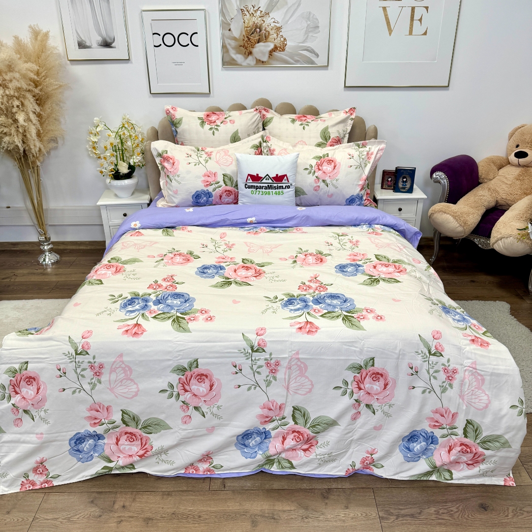 Lenjerie pat dublu, Finet, 6 piese, Crem, Lila, floricele - imagine 2