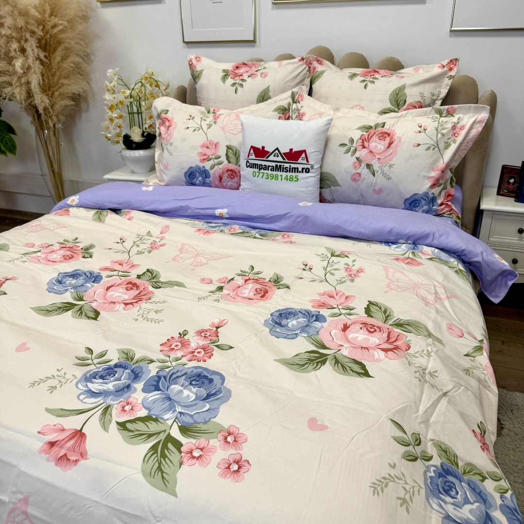 Lenjerie pat dublu, Finet, 6 piese, Crem, Lila, floricele - imagine 5
