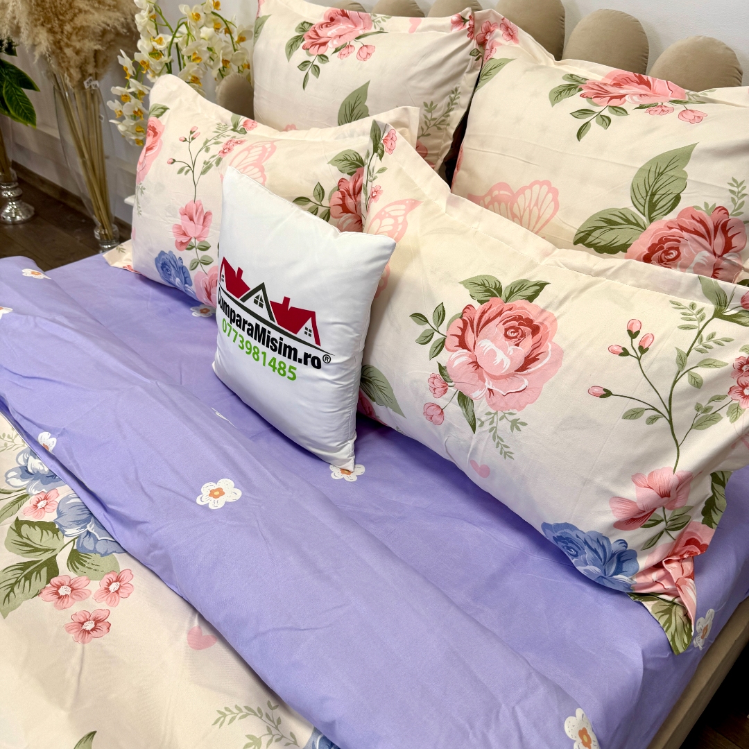 Lenjerie pat dublu, Finet, 6 piese, Crem, Lila, floricele - imagine 7