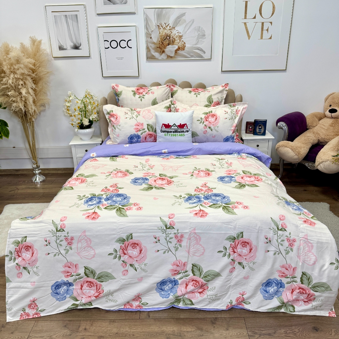 Lenjerie pat dublu, Finet, 6 piese, Crem, Lila, floricele - imagine 9