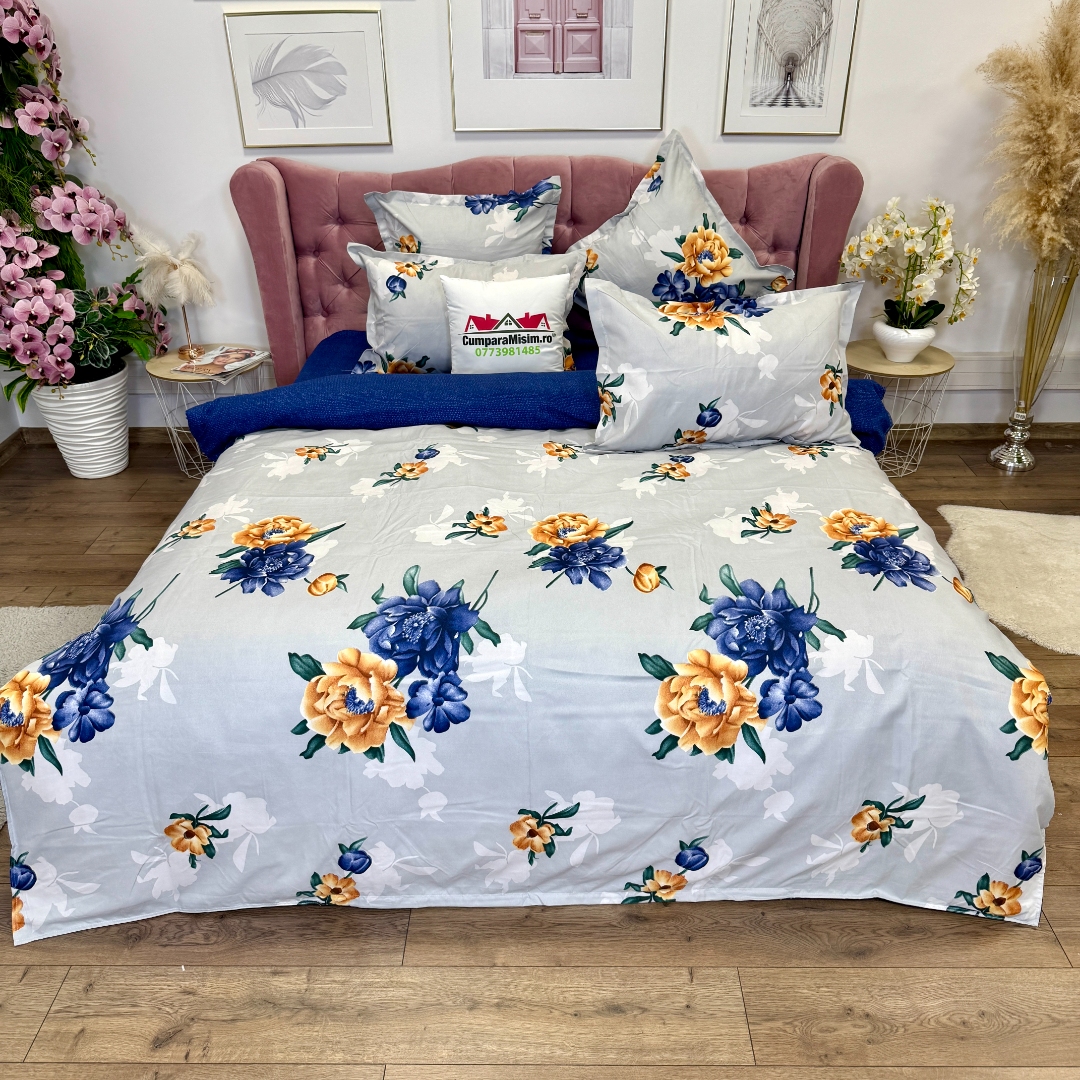 Lenjerie pat dublu, Finet, 6 piese, Albastru, flori - imagine 2