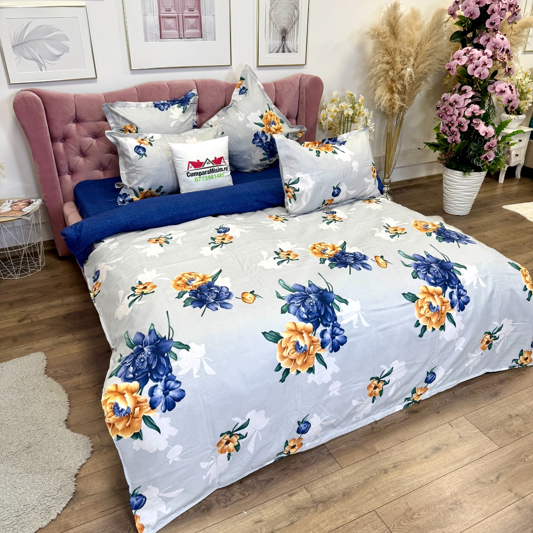 Lenjerie pat dublu, Finet, 6 piese, Albastru, flori - imagine 3