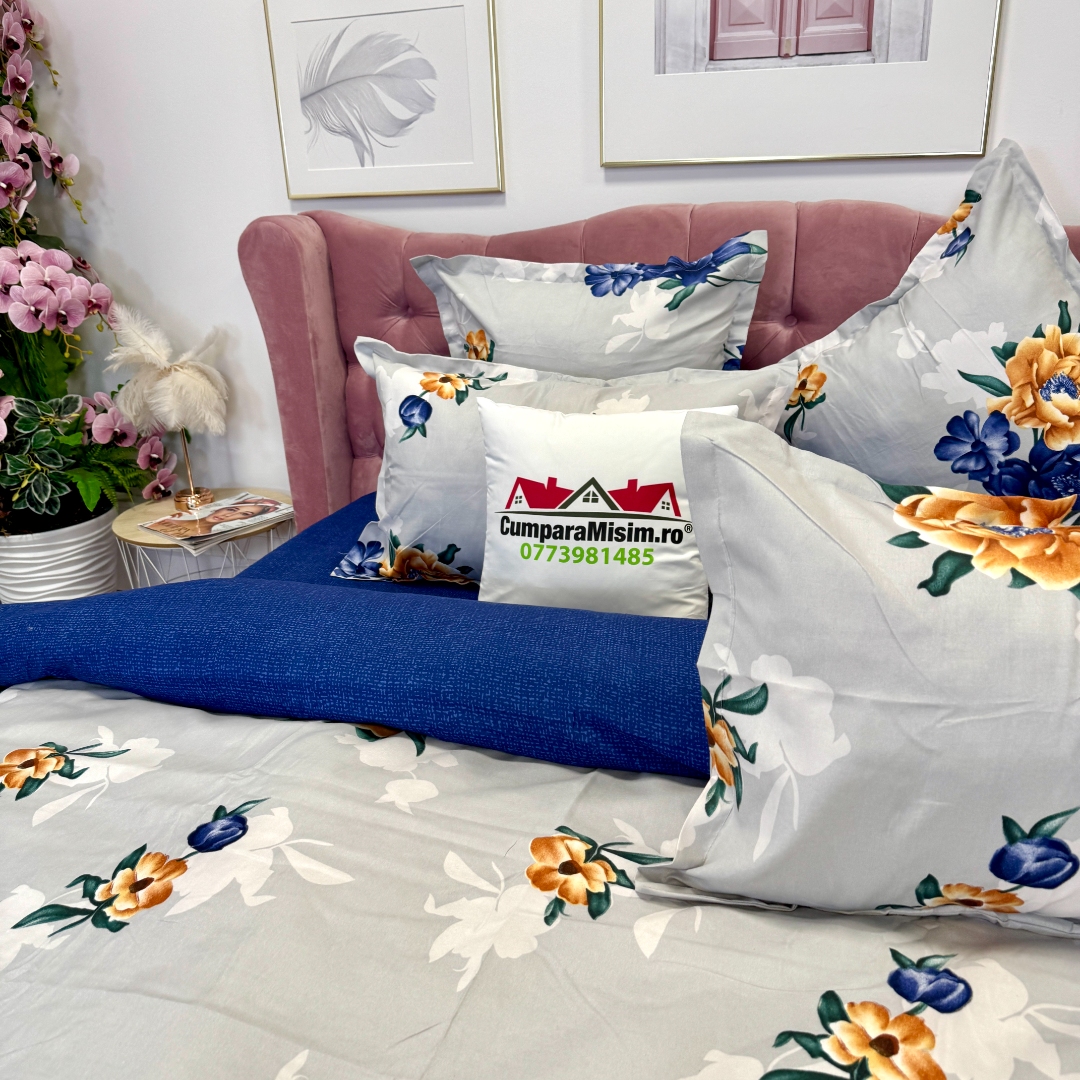 Lenjerie pat dublu, Finet, 6 piese, Albastru, flori - imagine 5