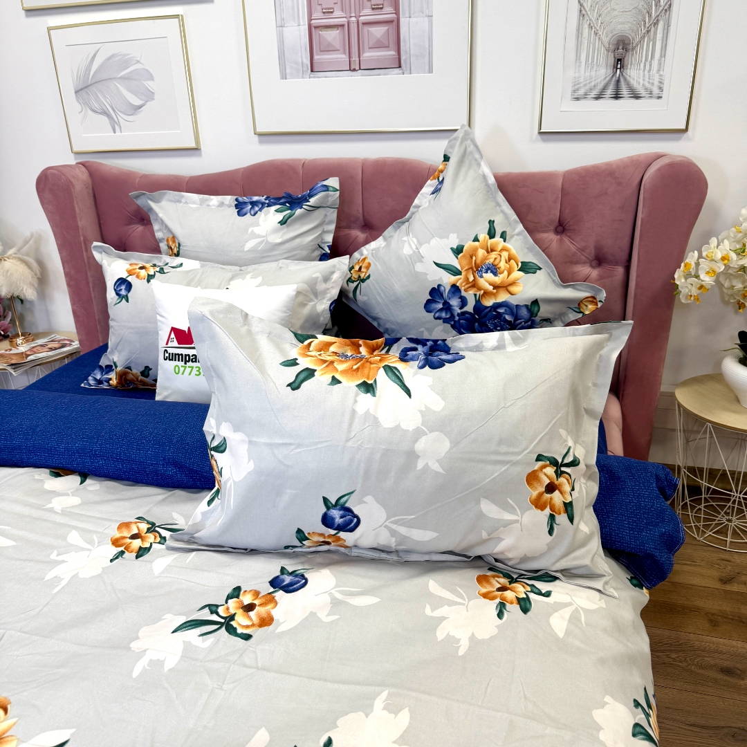 Lenjerie pat dublu, Finet, 6 piese, Albastru, flori - imagine 6