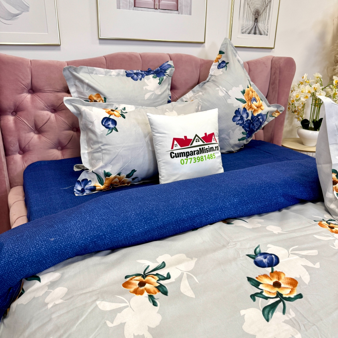 Lenjerie pat dublu, Finet, 6 piese, Albastru, flori - imagine 7