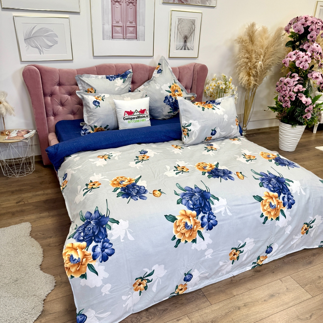 Lenjerie pat dublu, Finet, 6 piese, Albastru, flori - imagine 8